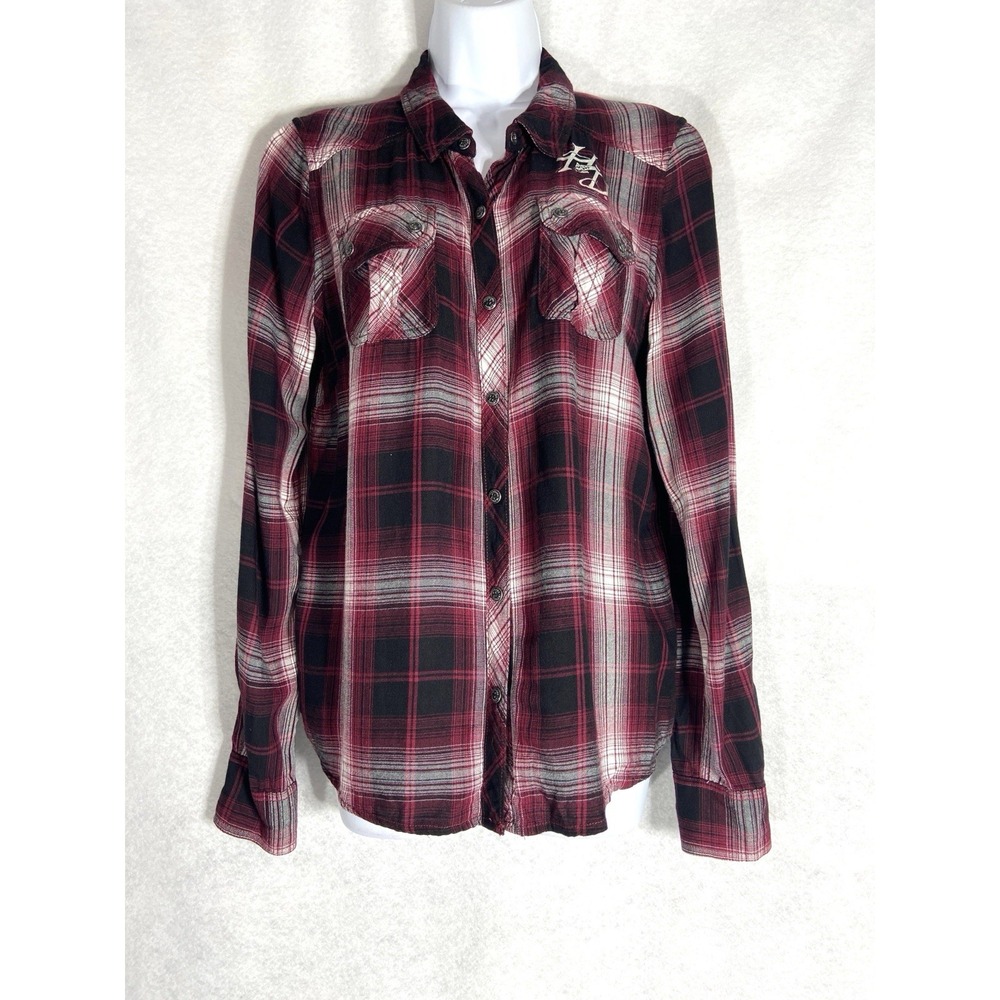 Harley-Davidson Shirt Women's Large Burgundy Snap Plaid Long sleve Western